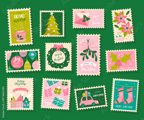 Cute hand drawn mail stamps for Christmas, typographic designs and lovely illustrations - vector design