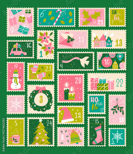 Cute hand drawn Christmas advent calendar. Lovely doodle drawings, vector design