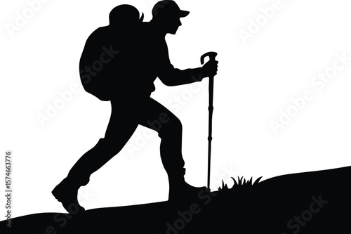 Hiker on Mountain Peak Silhouette Outdoor Achievement Vector