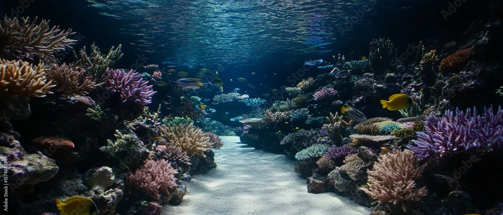 Fototapeta premium Vibrant coral reef scene with diverse fish, sunlight filtering through water, sandy path