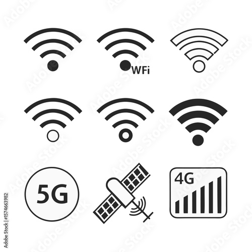Wifi, 4G, 5G Network Icons Satellite Communication Signals