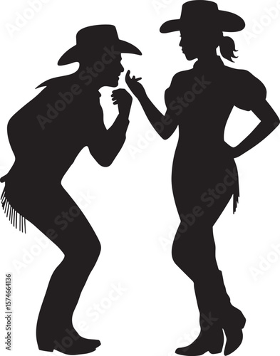 Black silhouette of a dancing cowboy and cowgirl couple wearing western hats and boots