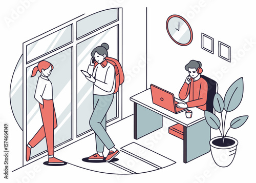 Office workers at work in the office of the institution. Visitors to the institution's office.