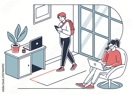 Office workers at work in the office of the institution. Waiting in the office reception area. Vector illustration.