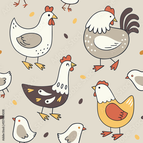 Seamless Pattern with Hens and Chickens. Farm and its Inhabitants. Vector illustration.