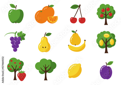 Cartoon Fruit Set Apple Oranges Cherries Grapes Pears Banana Lemon Plum and Fruit Trees.
