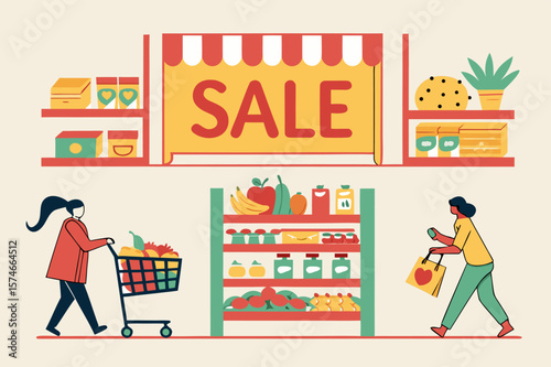 Sale of goods in a grocery supermarket. Counters with discounted products.  Shoppers snap up discounted items during a supermarket sale.