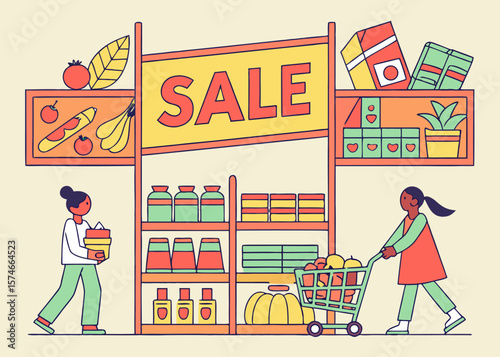 Sale of goods in a grocery supermarket. Counters with discounted products. 