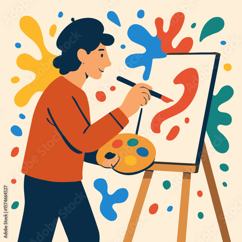 Flat Style Illustration Artist Painting Colorful Splashes on Canvas Artwork