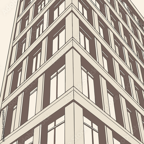 Perspective view of a tall building with repeating window patterns and strong architectural lines design