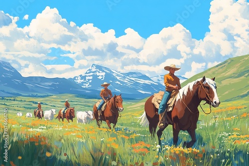 Tiny farmers riding large horses to herd cattle on a massive ranch