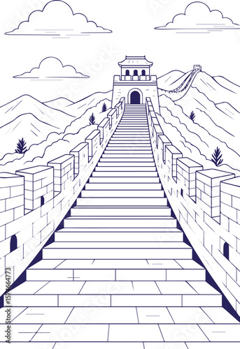 Great Wall of China in mountains line art illustration
