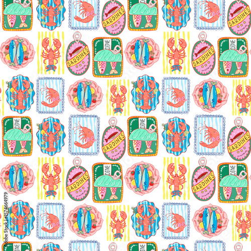 La Dolce Vita Seamless Pattern, Summer Sardines Picnic Lobster Food Wrap, Italian Kitchen Gingham Design, Cute Mediterranean Style