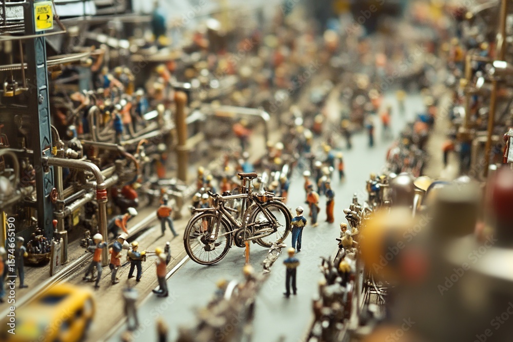 Obraz premium Tiny figures assembling a large bike in a massive factory.