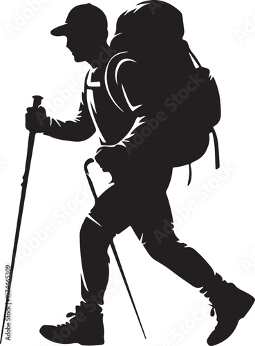 Hiker with Backpack and Poles Silhouette Trekking Vector
