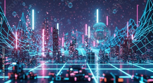 Cyberpunk Cityscape with Neon Lights and Digital Grids