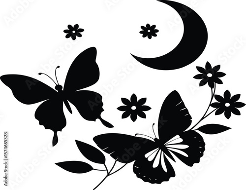butterfly and flowers with moon
