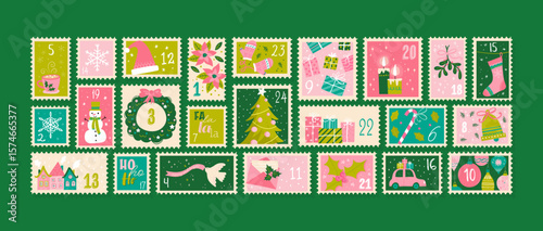Cute hand drawn Christmas advent calendar. Lovely doodle drawings, vector design