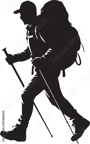 Hiker with Backpack and Poles Silhouette Trekking Vector