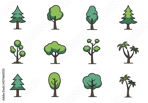 Collection of Stylized Tree Icons with Green Foliage and Brown Trunks 2.