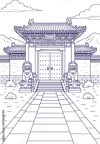 Traditional Chinese temple gate with guardian lion statues in line art