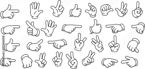 Cartoon glove hand gesture icon set, vector pointing fingers, peace signs, thumbs up, comic hand illustrations, white glove clipart