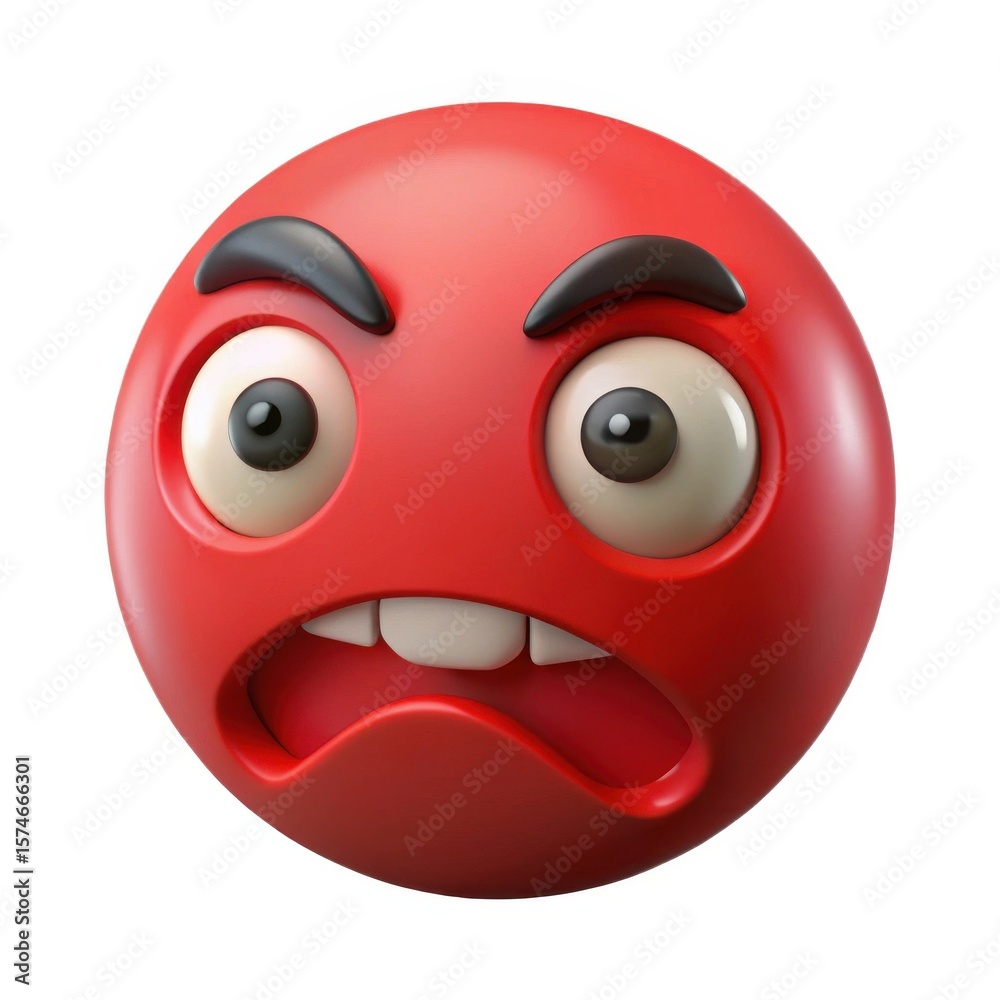 Fototapeta premium Furious red emoji face with wide eyes and open mouth isolated on white background