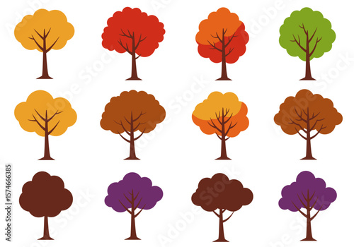 Colorful Cartoon Trees Autumnal Foliage Simple Design Twelve Variations.