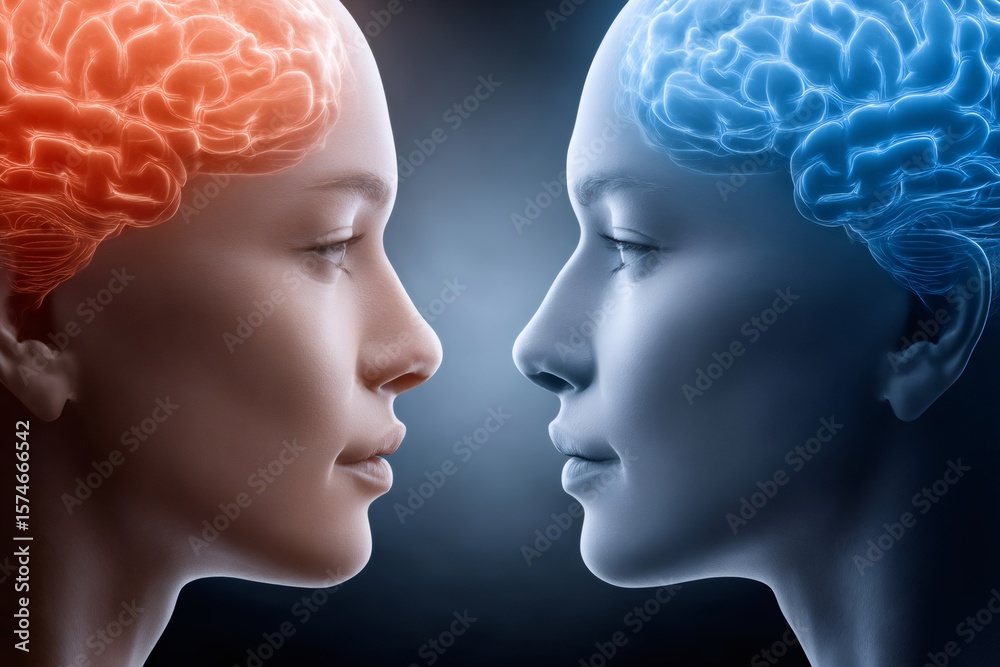 Fototapeta premium Two female profiles showing brain activity facing each other