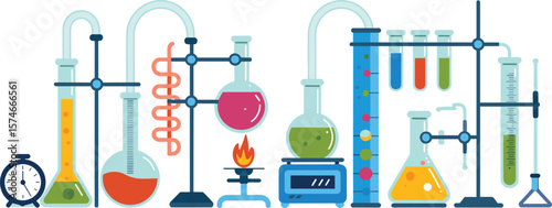 Colorful chemistry lab experiment illustration, scientific glassware set, test tubes and flasks, flat design science background, research laboratory concept