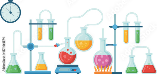 Colorful chemistry lab experiment illustration, scientific glassware set, test tubes and flasks, flat design science background, research laboratory concept