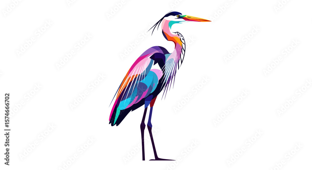 Obraz premium Colorful Great Blue Heron Standing Elegantly in Nature, Digital Illustration, Vibrant Wildlife Art, Captivating Design Perspective