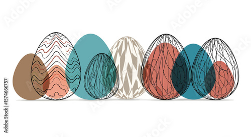 Colorful Decorative Eggs Display, Easter Theme, Digital Illustration, Festive Environment, Artistic Viewpoint, Spring Concept