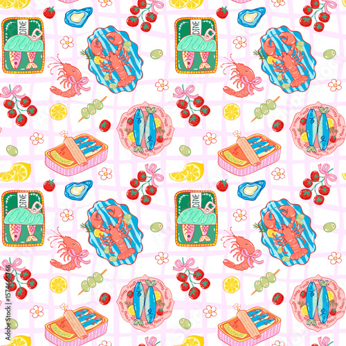 La Dolce Vita Seamless Pattern, Summer Sardines Picnic Lobster Food Wrap, Italian Kitchen Gingham Design, Cute Mediterranean Style
