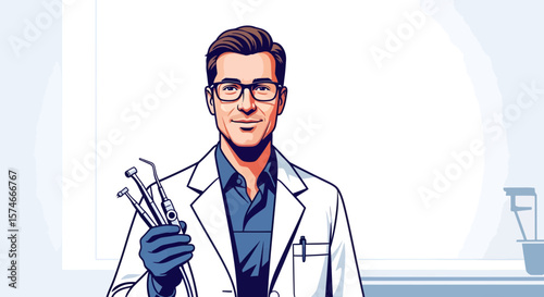 Dentist Holding Tools in Clinic Environment, Illustration, Professional Healthcare Setting
