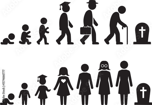 Male and Female Life Cycle Silhouette from Birth to Death Evolution of Human Life Vector Illustration