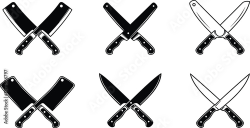 Crossed kitchen knives vector set, butcher cleaver icon, chef knife silhouette, cooking tool illustration, food preparation cutlery design graphic