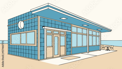 Illustration of a blue tiled building with windows and doors near the ocean landscape view scene