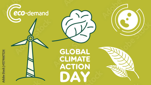 Green Sustainable Energy:  Wind Turbine, Leaves, and Eco-Friendly Circular Icons Illustrating Global Climate Action Day;  Modern Flat Design, Positive Mood.