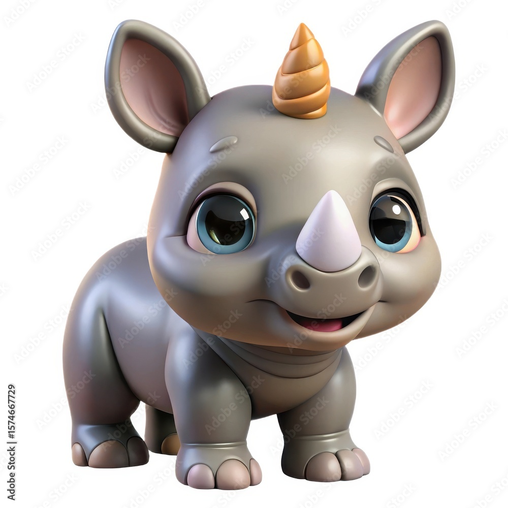 Fototapeta premium Adorable cartoon baby rhinoceros with a unicorn horn isolated on white background