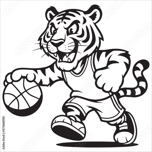 Cartoon Tiger Playing Basketball Dribbling