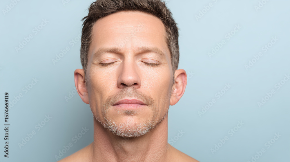 Obraz premium Man with closed eyes and calm expression in close up portrait against light blue background, showing peaceful and relaxed mood with natural skin texture and short hair