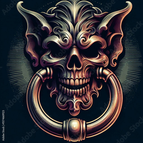 Ornate demonic skull door knocker in vintage engraving style, gothic horror fantasy illustration