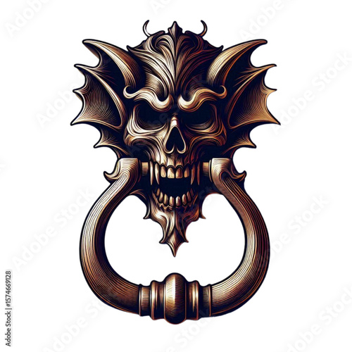 Ornate Demonic Skull Door Knocker - Detailed Gothic Illustration