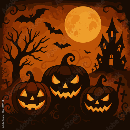 Spooky Handdrawn Halloween Pumpkin Jack O Lanterns Scene Illustration