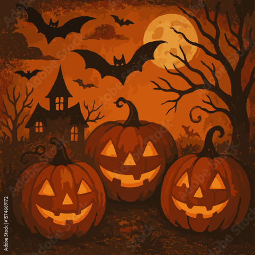 Spooky Cartoon Halloween Pumpkin Illustration with Bats and Haunted House