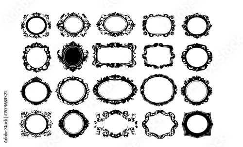 Collection of ornate black and white frames in various shapes and sizes