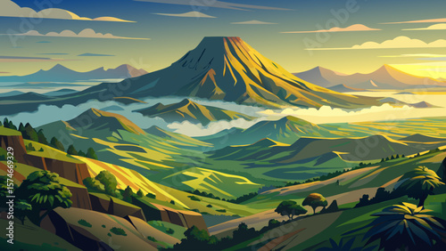 Mount Elgon, Uganda – Ancient volcanic caldera rim shadows mirror green valleys below. Mist drapes volcanic planes in soft dawn light.