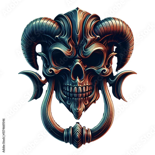 Ornate Demon Skull Door Knocker with Ram Horns - Fantasy Metalwork Illustration