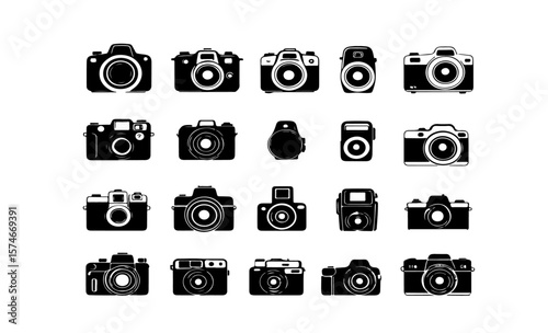 Collection of various camera silhouettes arranged on a white backdrop